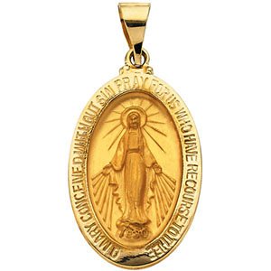 14k Yellow Gold Oval Hollow Miraculous Medal (23x16 MM)