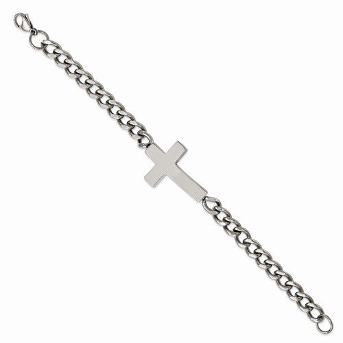 Men's Polished Stainless Steel Sideways Cross Bracelet, 8.5"