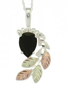 Onyx Pear Pendant Necklace, Sterling Silver, 12k Green and Rose Gold Black Hills Gold Motif, 18''