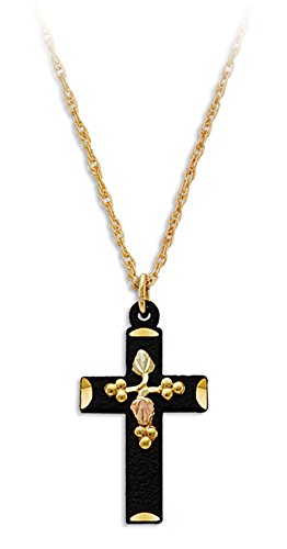 Black Coated Cross Pendant Necklace, 10k Yellow Gold, 12k Green and Rose Gold Black Hills Gold Motif, 18''