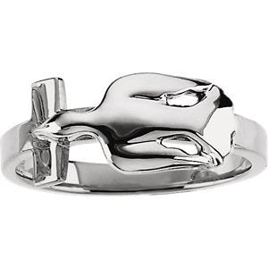 Dove with Cross Rhodium Plate 14k White Gold Ring, Size 8.75
