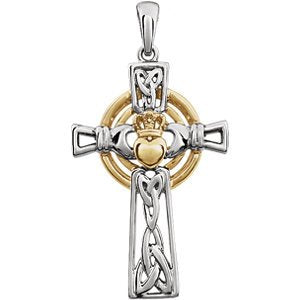 Two-Tone Claddagh Cross Rhodium-Plated 14k White and Yellow Gold Pendant (34.00X19.00 MM)