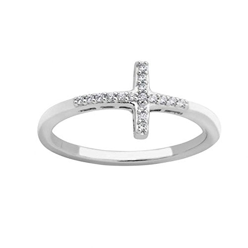 Cross CZ Slim-Profile Ring, Rhodium Plated Sterling Silver