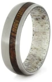 Antler Sleeve, Koa Wood Stripe 6mm Comfort-Fit Matte Titanium Wedding Band, Size 8.5
