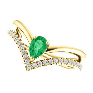 Chatham Created Emerald Pear and Diamond Chevron 14k Yellow Gold Ring (.145 Ctw, G-H Color, I1 Clarity), Size 7.75