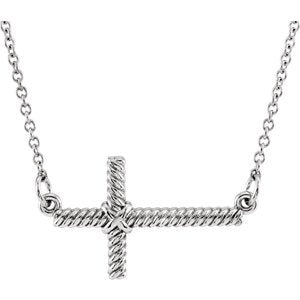 Rope-Trim Sideways Cross Necklace, Rhodium-Plated 14k White Gold, 16.5" (11.3x20.15MM)