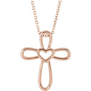 Open Heart Cross 14k Rose Gold Pendent Necklace 16" and 18" (20.35X4.25 MM)