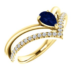 Chatham Created Blue Sapphire Pear and Diamond Chevron 14k Yellow Gold Ring (.145 Ctw, G-H Color, I1 Clarity)