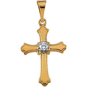 Diamond Fleur-de-Lis Cross 14k Yellow Gold Pendant