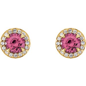 Pink Tourmaline and Diamond Halo-Style Earrings, 14k Yellow Gold (4MM) (.125 Ctw, G-H Color, I1 Clarity)