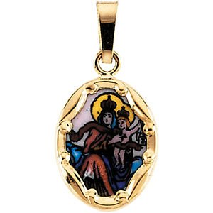 14k Yellow Gold Hand Painted Porcelain Scapular Pendant (13x10 MM)