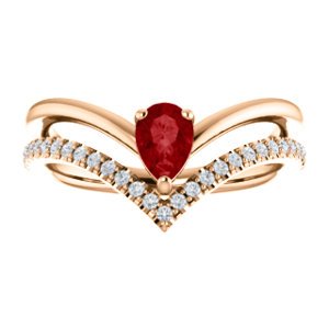 Chatham Created Ruby Pear and Diamond Chevron 14k Rose Gold Ring (.145 Ctw,G-H Color, I1 Clarity)