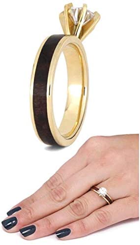 His and Hers 10k Yellow Gold Forever One Moissanite, Maple Burl Ring and Ironwood Comfort-Fit Titanium Band Sizes M12-F7