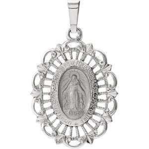 14k White Gold Oval Filigree Miraculous Medal (22x15.5 MM)