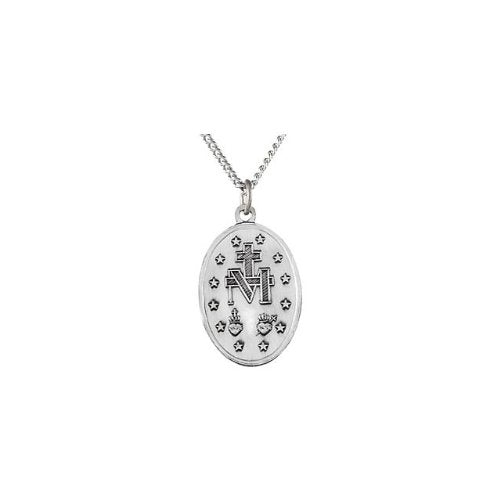 Sterling Silver Oval Miraculous Medal Necklace, 18" (14.75x11 MM)