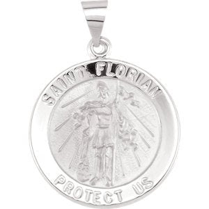 14k White Gold Round Hollow St. Florian Medal (21.8 MM)