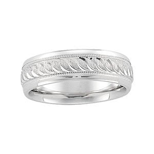 6mm 14k White Gold Comfort Fit Ice Finish Engraved Milgrain Band, Size 4.5
