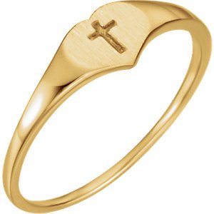 Girls's Heart and Cross 4.25mm Signet Ring, 14k Yellow Gold, Size 3