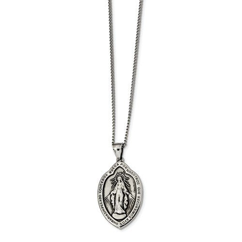 Stainless Steel Antiqued Miraculous Medal Necklace, 22" (40.13X26.31MM)