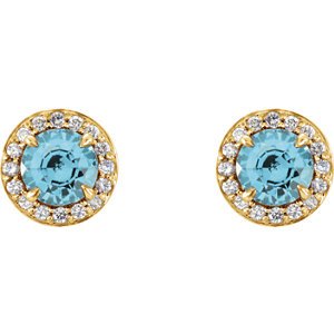Blue Zircon and Diamond Halo-Style Earrings, 14k Yellow Gold (5MM) (.16 Ctw, G-H Color, I1 Clarity)