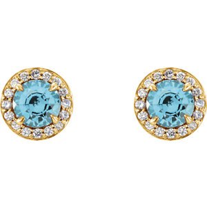 Blue Zircon and Diamond Halo-Style Earrings, 14k Yellow Gold (4MM) (.16 Ctw, G-H Color, I1 Clarity)