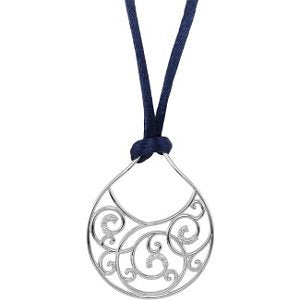 Diamond Scroll Sterling Silver Pendant with Navy Satin Cord, 18" (1/6 Cttw)