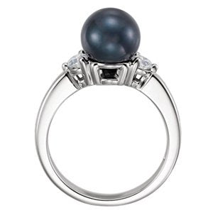 Black Akoya Cultured Pearl and Diamond Ring, Rhodium-Plated 14k White Gold (8mm) (.25Ctw, G-H Color, I1 Clarity) Size 8.5