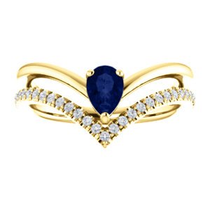 Blue Sapphire Pear and Diamond Chevron 14k Yellow Gold Ring (.145 Ctw, G-H Color, I1 Clarity)