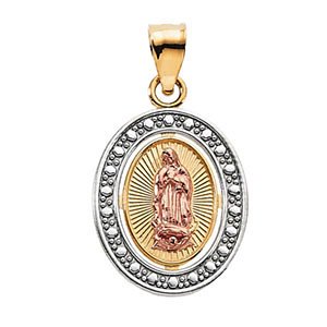 Rhodium-Plated 14k Yellow and Rose Gold Tri-Color Our Lady of Guadalupe Oval Pendant (15.5x12.75 MM)