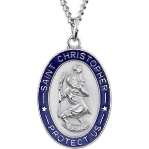 Sterling Silver and Blue St. Christopher Medal Necklace, 24" (26x20 MM)