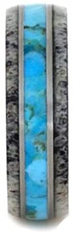 Turquoise, Deer Antler, Mesquite Wood Sleeve 7mm Comfort-Fit Brushed Titanium Wedding Band, Size 10.75