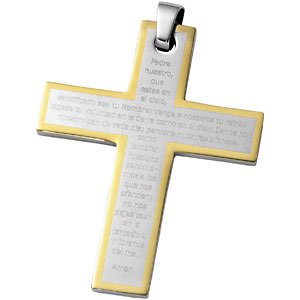 Men's Large Padre Neustro Prayer Cross Pendant, Stainless Steel and 14k Yellow Gold Plate