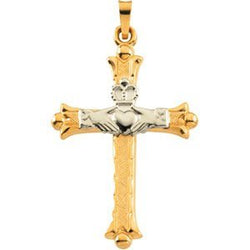 14k Yellow and White Gold Two Tone Hollow Claddagh Cross Pendant