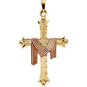 Fleur de Lis Cross with Robe 14k Yellow Gold and 14k Rose Gold Pendant