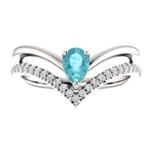 Blue Zircon Pear and Diamond Chevron Sterling Silver Ring (.145 Ctw,G-H Color, I1 Clarity)