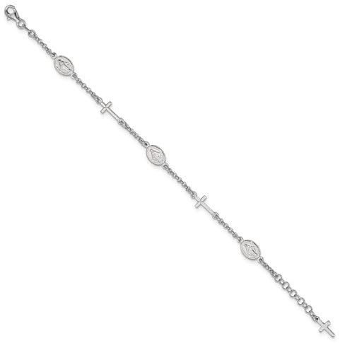 Rhodium Plated Sterling Silver Cross and Miraculous Medal Bracelet, 7.5"