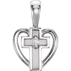 Diamond Sacred Heart Cross Rhodium-Plated 14k White Gold Pendant (.01 Ct, G-H Color,SI1 Clarity)