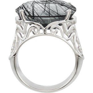 Tourmalinated Black Quartz Sterling Silver Filigree Ring, Size 6