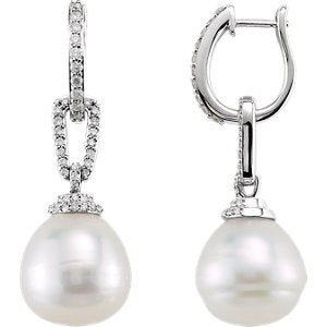 White South Sea Cultured Pearl with Diamond Hoop Earrings, 14k White Gold, (12MM) (1/2 Ctw, H-I Color, I1 Clarity)