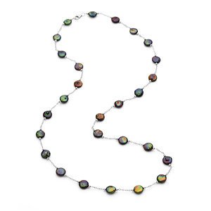 Black Freshwater Cultured Coin Pearl Station Sterling Silver Necklace, 38'' (12-13MM)