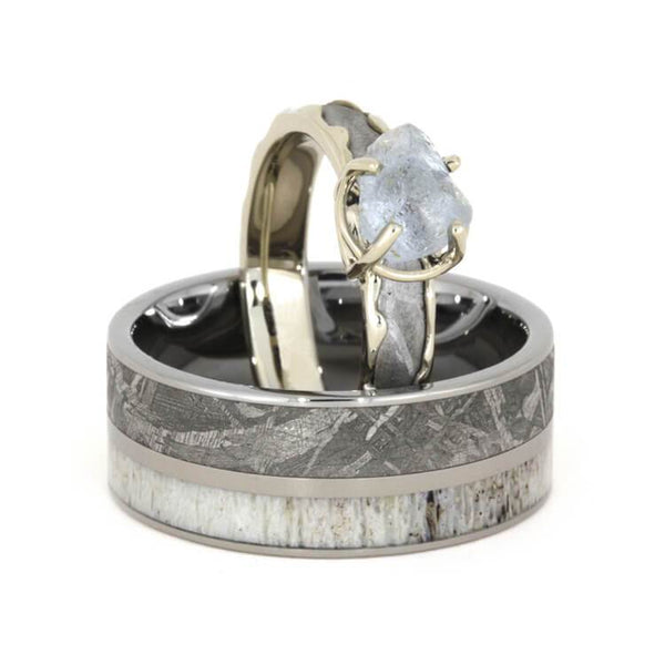Ave 369 Diamond, Gibeon Meteorite 10k White Gold Ring and Deer Antler, Gibeon Meteorite Titanium Band, Couples Wedding Set