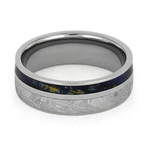 Gibeon Meteorite, Blue Box Elder Burl Wood 7mm Titanium Comfort-Fit Wedding Ring