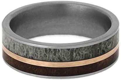 The Men's Jewelry Store (Unisex Jewelry) Deer Antler, Koa Wood, 14k Rose Gold 7mm Matte Comfort-Fit Titanium Band, Size 8.75