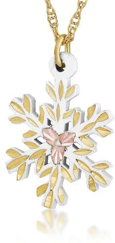 White Powder Coat Snow Flake Pendant Necklace, 10k Yellow Gold, 12k Green and Rose Gold Black Hills Gold Motif, 18"
