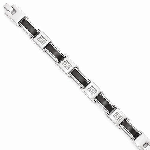 Men's Polished Stainless Steel with Black Ceramic and CZ Bracelet, 8.5"