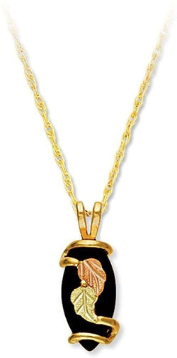 Onyx Marquise Pendant Necklace, 10k Yellow Gold, 12k Green and Rose Gold Black Hills Gold Motif, 18"