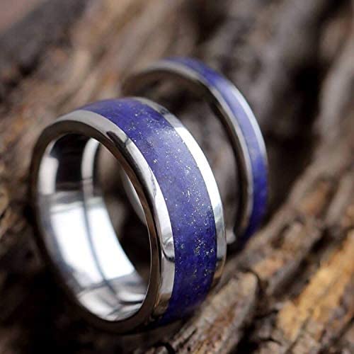 Lapis Lazuli Comfort-Fit Titanium His and Hers Wedding Bands M 8-F7.5