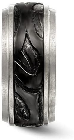 Edward Mirell Titanium and Black Titanium Inlay Fancy Design 11mm Wedding Band, Size 8.5