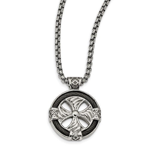 Edward Mirell Stainless Steel and Black Memory Cable Round Cross Necklace, 20"