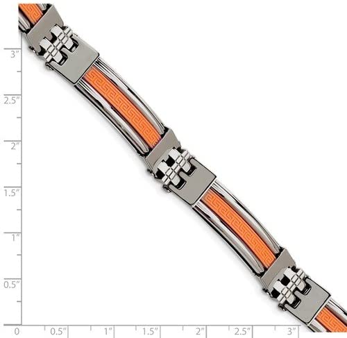 Men's Stainless Steel 11mm Orange Rubber Link Bracelet, 9 Inches